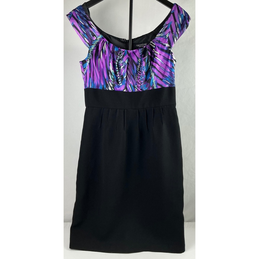 Perceptions New York Purple Blue Abstract Black Dress Career Cocktail Size 8